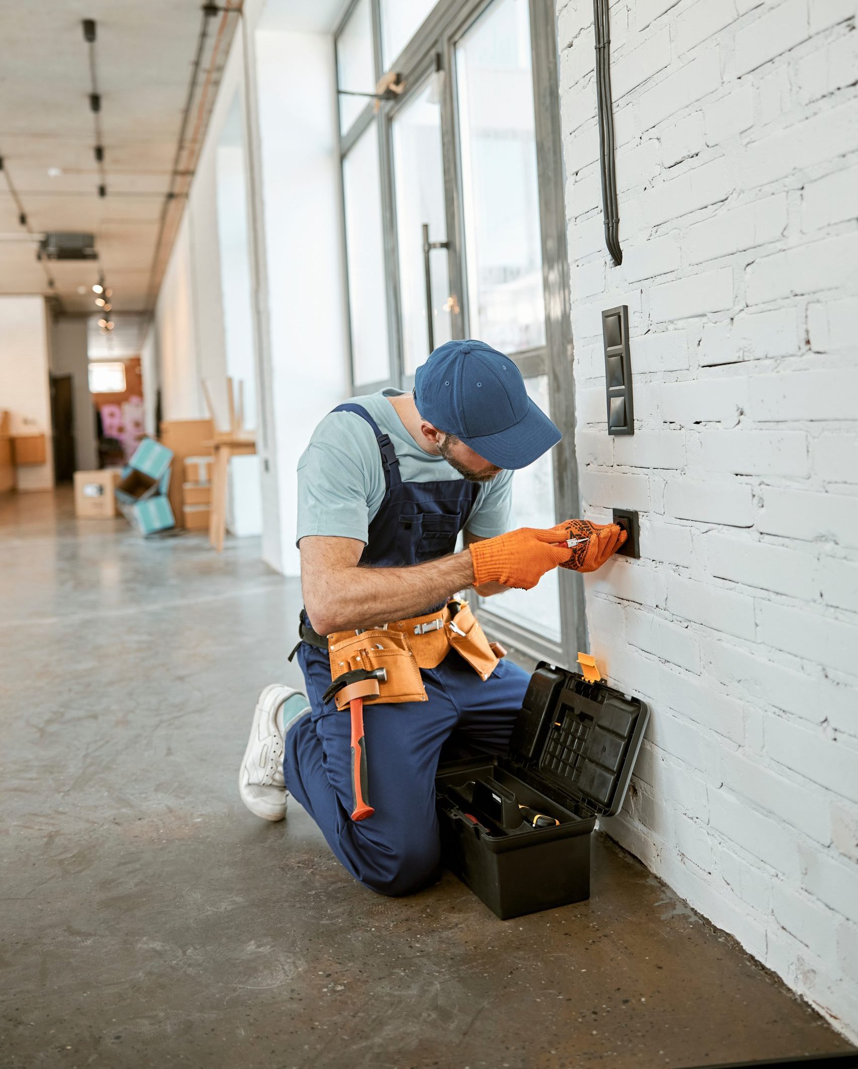 Professional electrician installing wiring